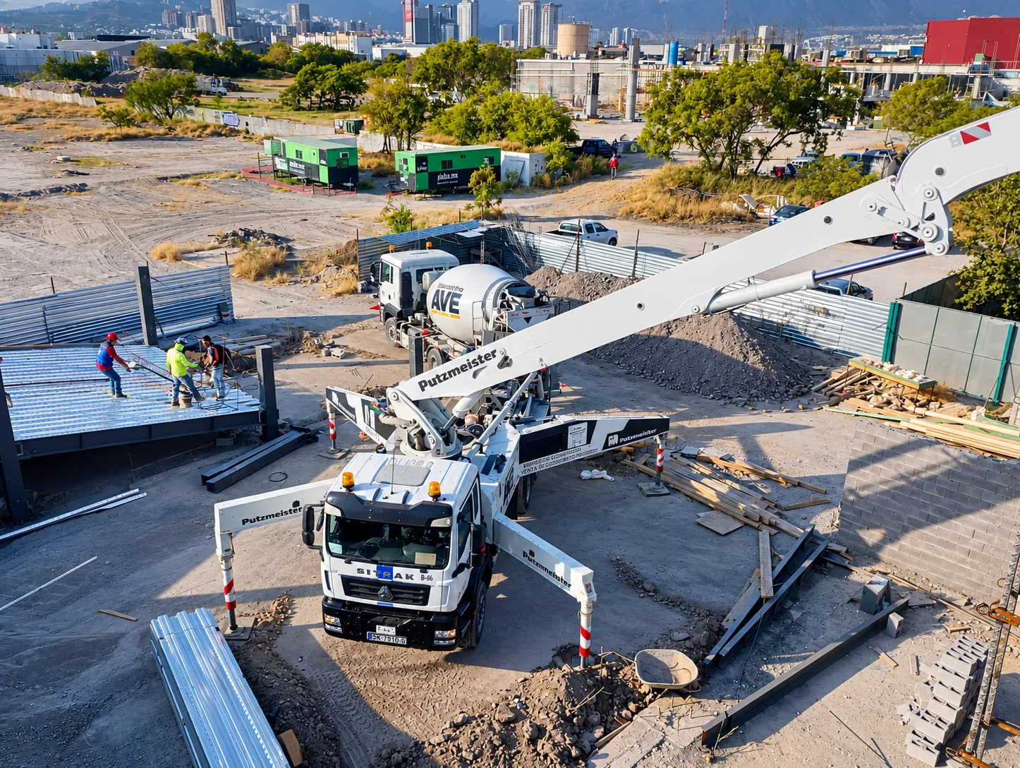 Bomba pluma Putzmeister de Concretos AVE colando en obra en Monterrey, con olla revolvedora descargando